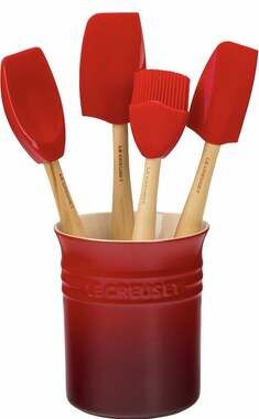 Le Creuset Cerise 5pc Silicone Spatula Set with Stoneware Utensil Crock - Red